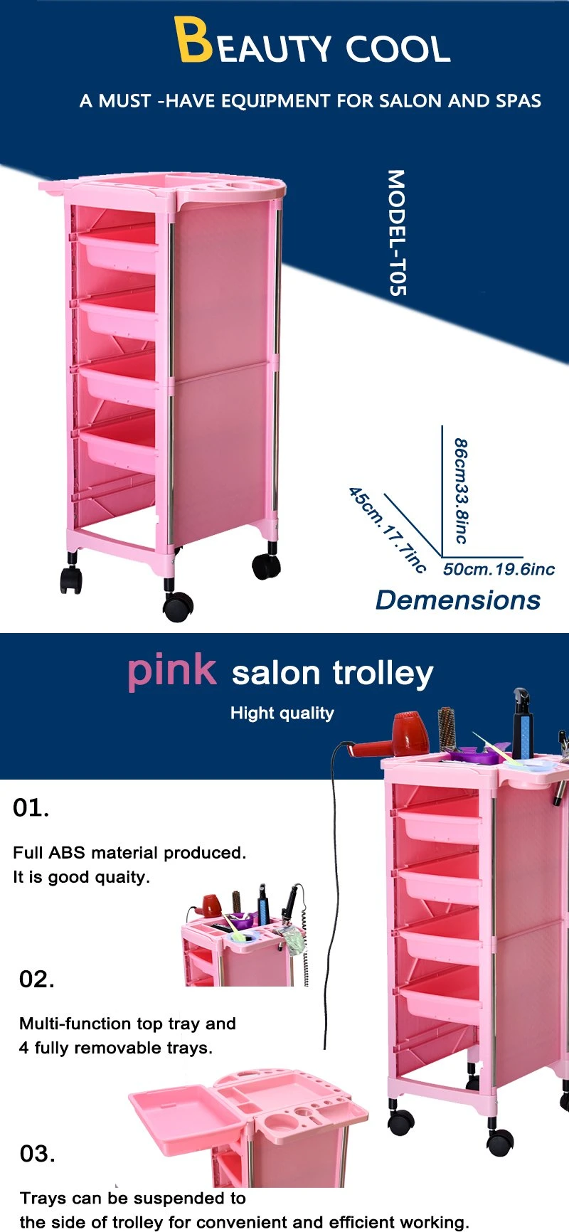 Black Salon SPA Beauty Rolling Trolley Cart Storage Organizer Hair Salon Utility Cart with Hair Dryer Holder, 4 Wheels