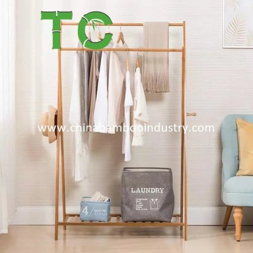 Foldable Bamboo Garment Rack Clothes Rack Coat Rack with Bottom Shoe Shelf Wooden Double Pole Clothes Rack with 2 Side Hooks