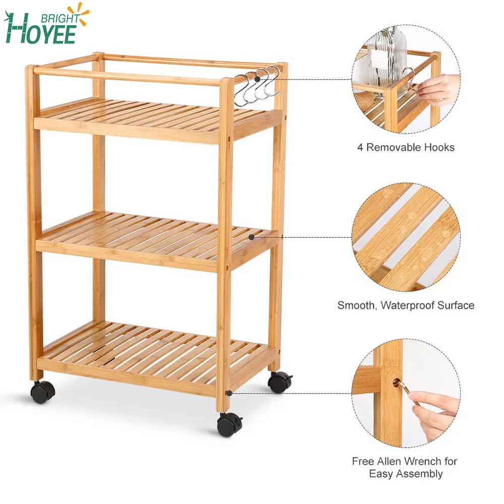 Bamboo 3 Tier Rolling Utility Service Cart Storage Shelf with Removable Hooks and Lockable Wheels