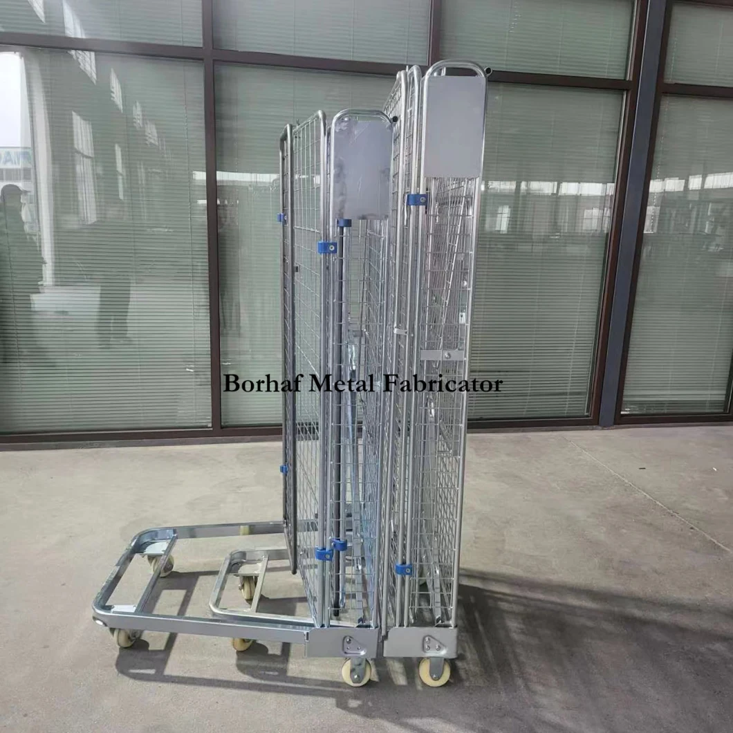 Industrial Logistic Warehouse Collapsible Metal Wire Mesh Rolling Storage Laundry Cage Cart with Wheels