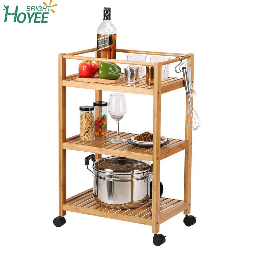 Bamboo 3 Tier Rolling Utility Service Cart Storage Shelf with Removable Hooks and Lockable Wheels