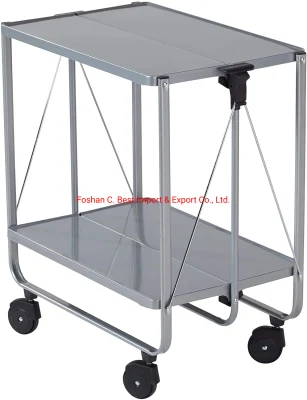 2 Layers Utility Cart Folding Metal Rolling Cart 2-Tier Kitchen Trolley with Brakes Hand Push Foldable Kitchen Cart Iron Trolley Cart