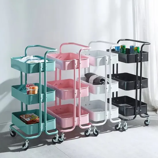 2 Layers Utility Cart Folding Metal Rolling Cart 2-Tier Kitchen Trolley with Brakes Hand Push Foldable Kitchen Cart Iron Trolley Cart