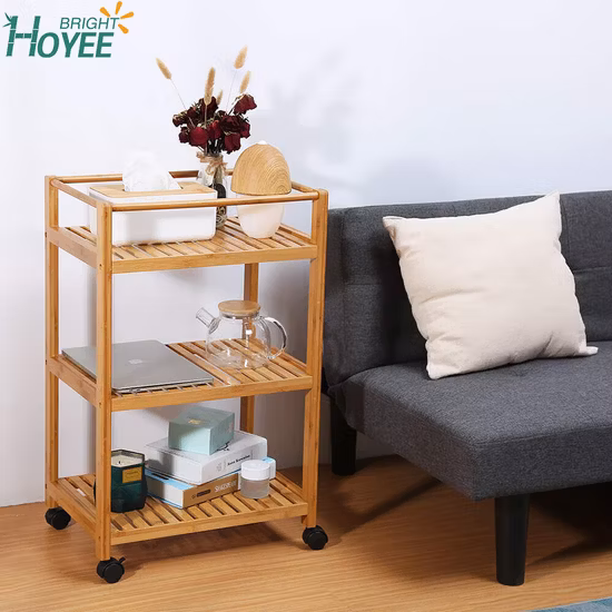 Bamboo 3 Tier Rolling Utility Service Cart Storage Shelf with Removable Hooks and Lockable Wheels