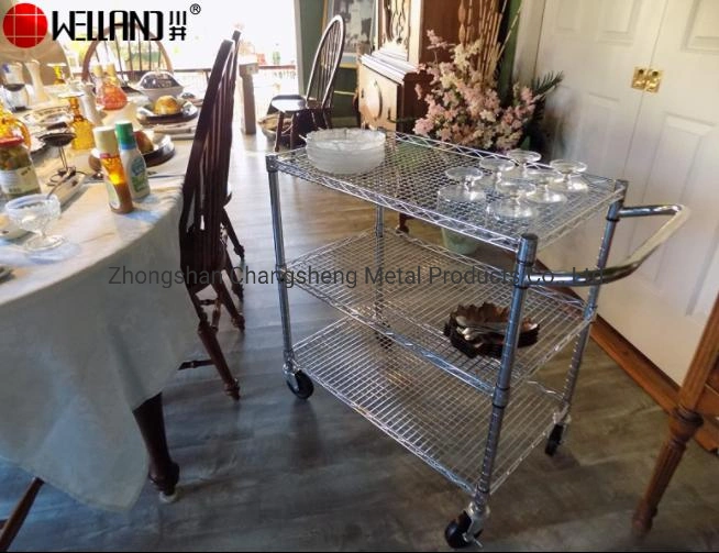 Movable 3 Tiers Commercial Square Grade Utility Trolley Kitchen Wire Rolling Cart with Handle