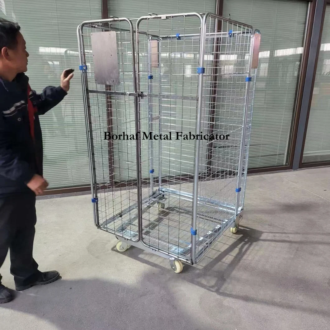 Industrial Logistic Warehouse Collapsible Metal Wire Mesh Rolling Storage Laundry Cage Cart with Wheels