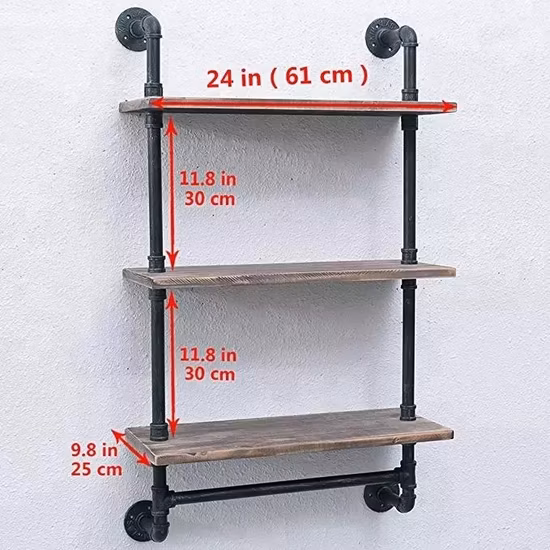 Vintage Industrial Bathroom Pipe Shelf Wall Mounted Floating Shelf with Pine Wood Living Room Book Frame Shelving
